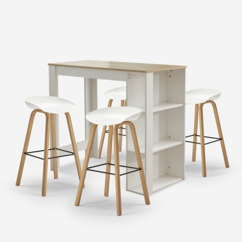 Set Tisch 120x60cm 4 Hocker h75cm Bar Küche weiß Holz Lyman Aktion