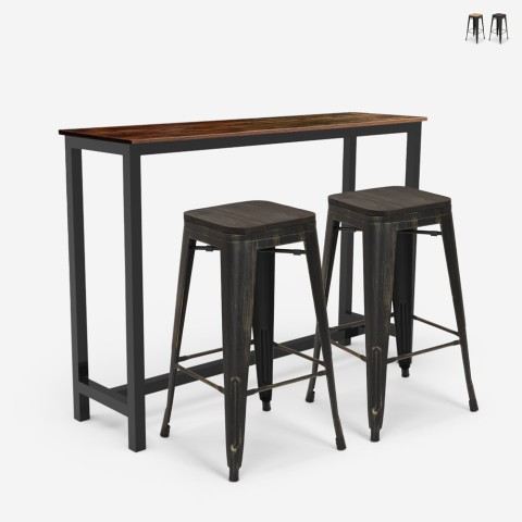 Set hoher Tisch 140x40  2 Hocker tolix Küche Bar industriell Oakwood Aktion