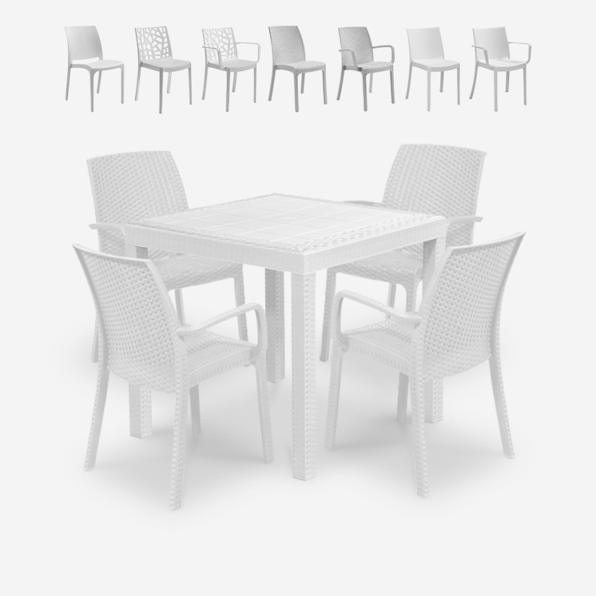 Set Garten-Tisch Außenbereich 80x80cm Rattan 4 Stühle Weiß Nisida Light Angebot