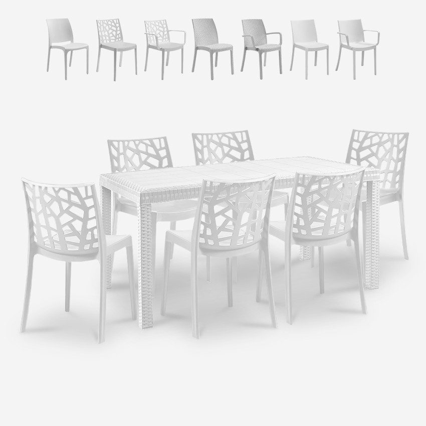 Tischset für Garten im Freien Rattan 150x90cm 6 Stühle Weiß Meloria Light Lagerbestand