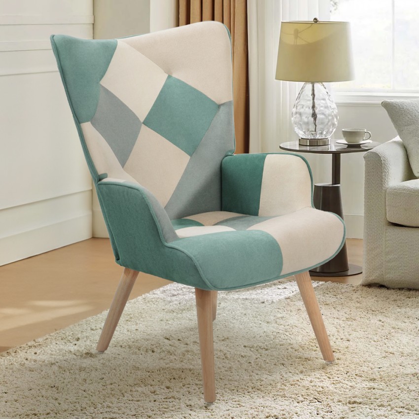Skandinavischer Loungesessel im Patchwork-Stil weißes Holz blau Chapty Aktion Skandinavischer Loungesessel im Patchwork-Stil weißes Holz blau Chapty Aktion