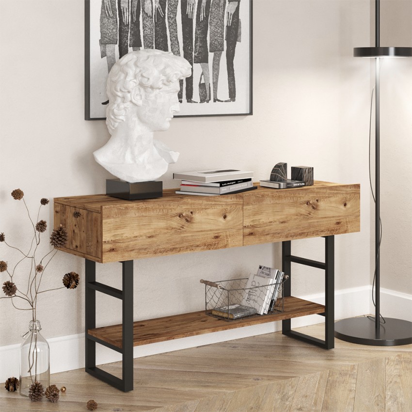 Metall-Holz-Konsolentisch mit 2 Schubladen im Industriestil Etage Aktion Metall-Holz-Konsolentisch mit 2 Schubladen im Industriestil Etage Aktion