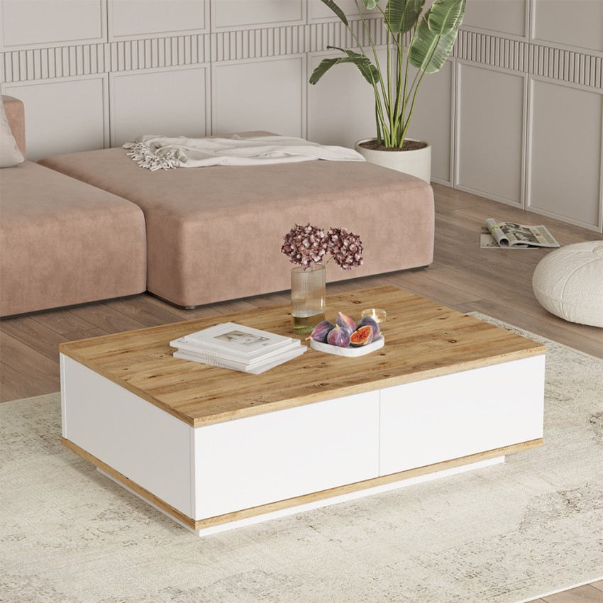 Niedriger weißer Couchtisch mit 2 Holztüren 90x60cm Tynne Aktion Niedriger weißer Couchtisch mit 2 Holztüren 90x60cm Tynne Aktion
