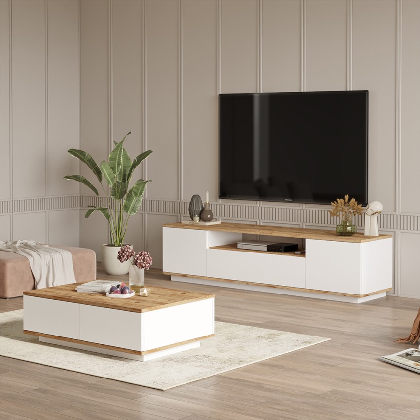 TV-Schrank Set 3 Türen + niedriger Tisch weißes Holz modernes Design Award Aktion TV-Schrank Set 3 Türen + niedriger Tisch weißes Holz modernes Design Award Aktion