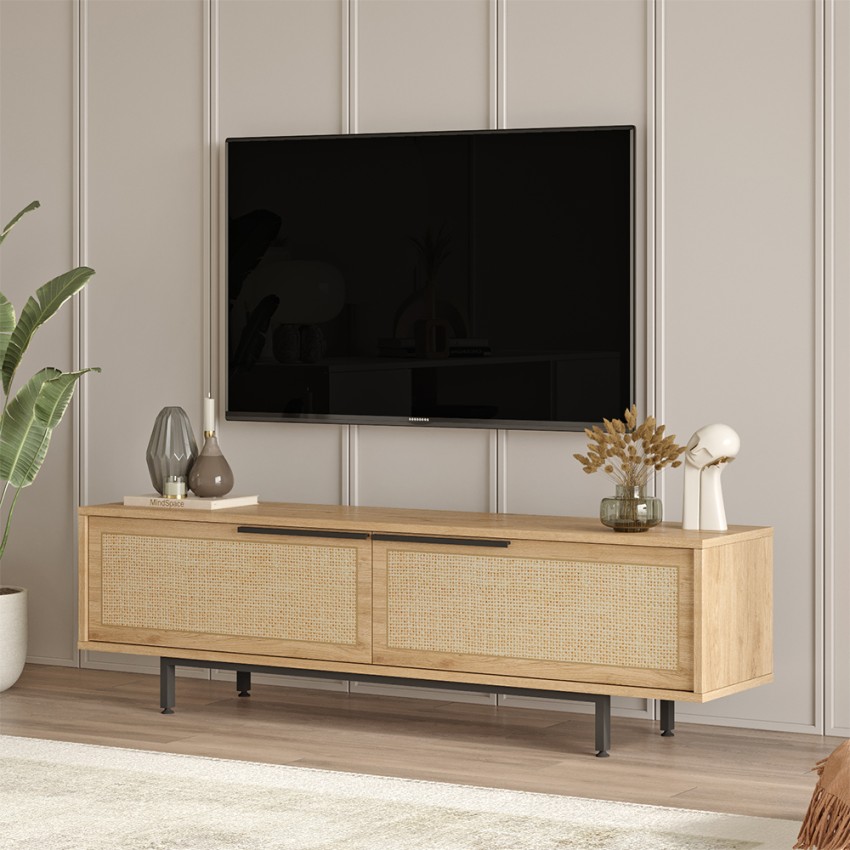 Stehender TV-Schrank 160x36cm Holz 2 Türen Rattan-Effekt Bayeaux Aktion Stehender TV-Schrank 160x36cm Holz 2 Türen Rattan-Effekt Bayeaux Aktion