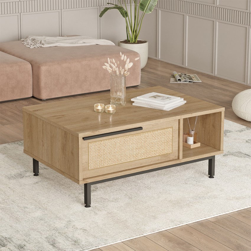 90x60cm Wohnzimmer Couchtisch aus Holz mit Rattan-Effekt Container Tür Micheau Aktion 90x60cm Wohnzimmer Couchtisch aus Holz mit Rattan-Effekt Container Tür Micheau Aktion