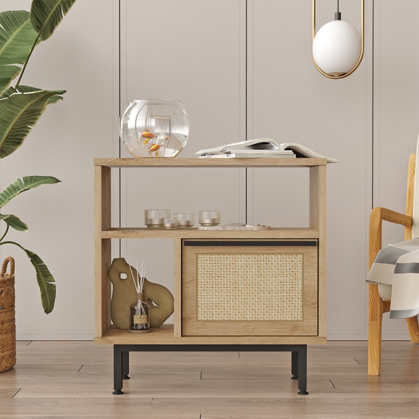 Wohnzimmerschrank 60x26x60cm Holz 2 Regale Tür Rattan-Effekt Opoli Aktion Wohnzimmerschrank 60x26x60cm Holz 2 Regale Tür Rattan-Effekt Opoli Aktion
