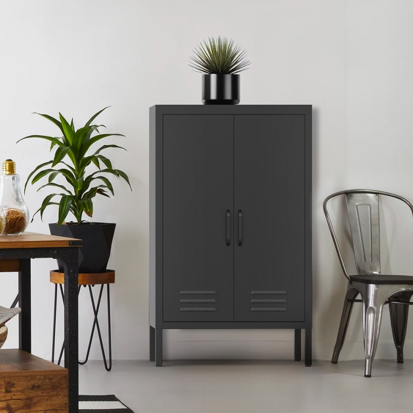 Büroschrank schwarz Metall 2 Türen industriell 65x36x105cm Colima Aktion