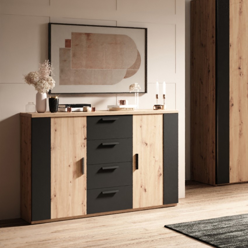 Kommode Anrichte mattschwarzes Holz 2 Türen 4 Schubladen Gael Aktion Kommode Anrichte mattschwarzes Holz 2 Türen 4 Schubladen Gael Aktion