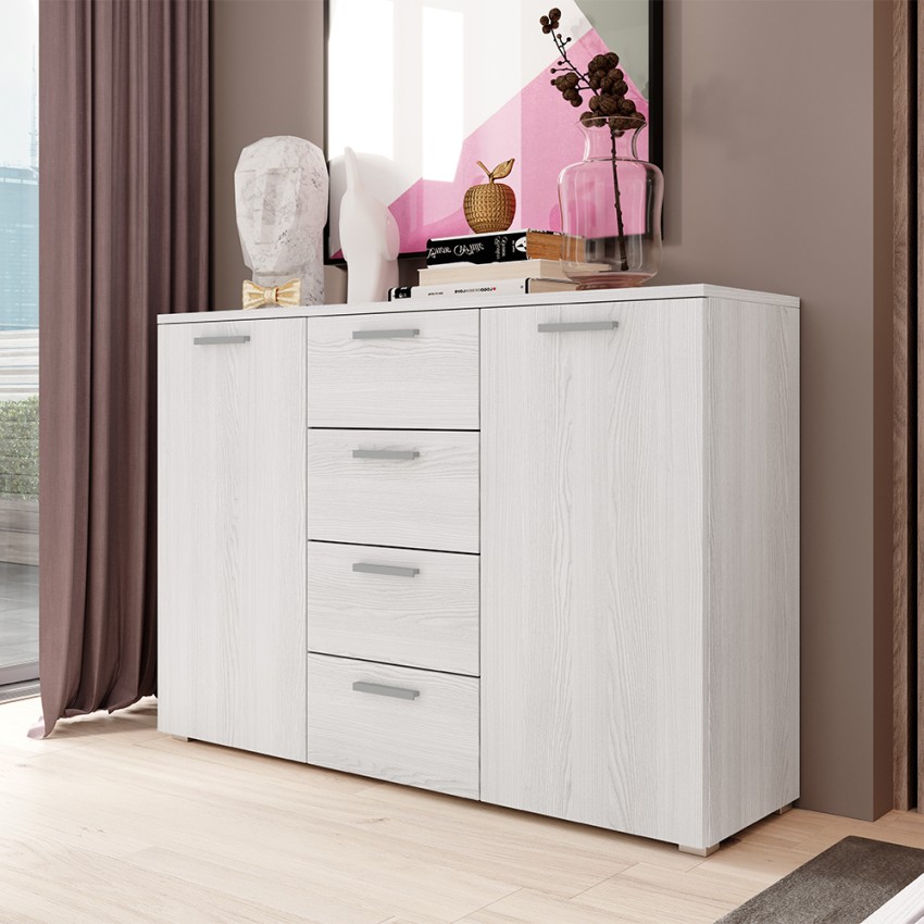 Schlafzimmer Kommode 4 Schubladen 2 Türen Holz weiß 132x38x93cm Lemere Aktion Schlafzimmer Kommode 4 Schubladen 2 Türen Holz weiß 132x38x93cm Lemere Aktion