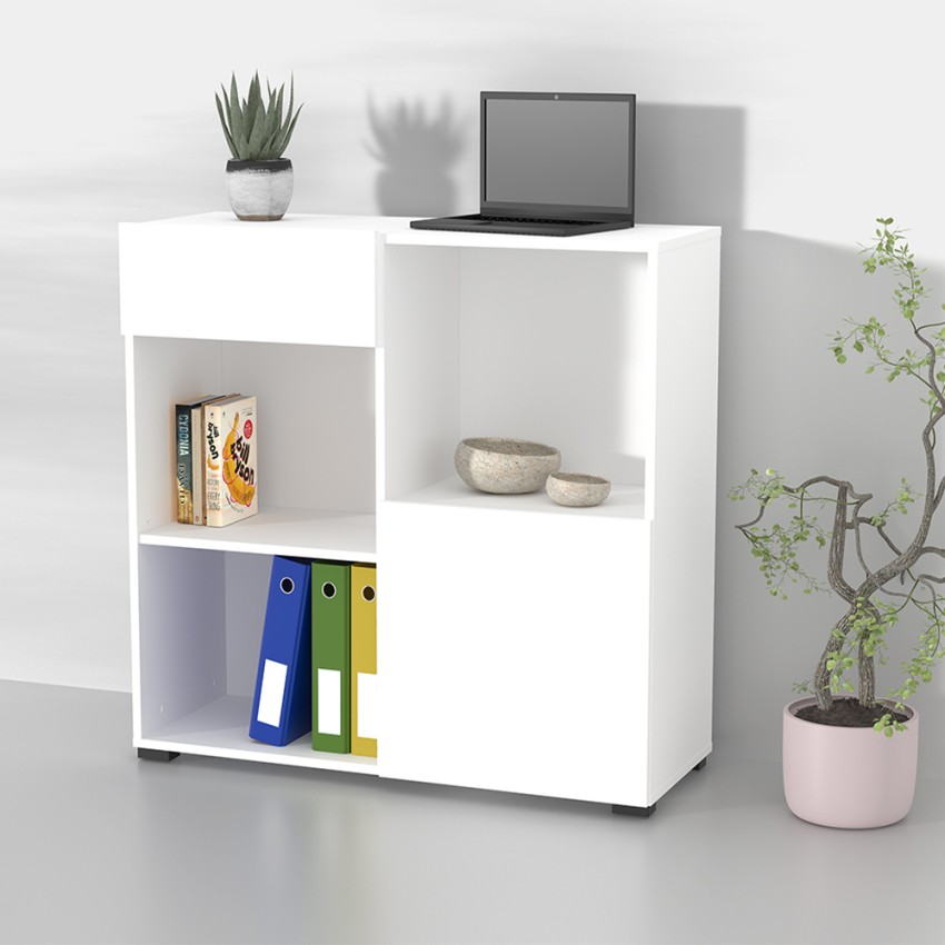 Büro Bücherregal niedrige Schublade Tür 2 Einlegeböden weiß 90x35x89cm Habren Aktion Büro Bücherregal niedrige Schublade Tür 2 Einlegeböden weiß 90x35x89cm Habren Aktion