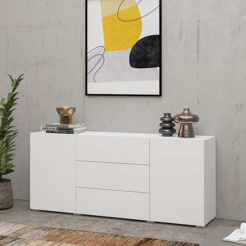 Moderne weiße Wohnzimmeranrichte 3 Schubladen 2 Türen 140x35x63cm Mehdi Aktion