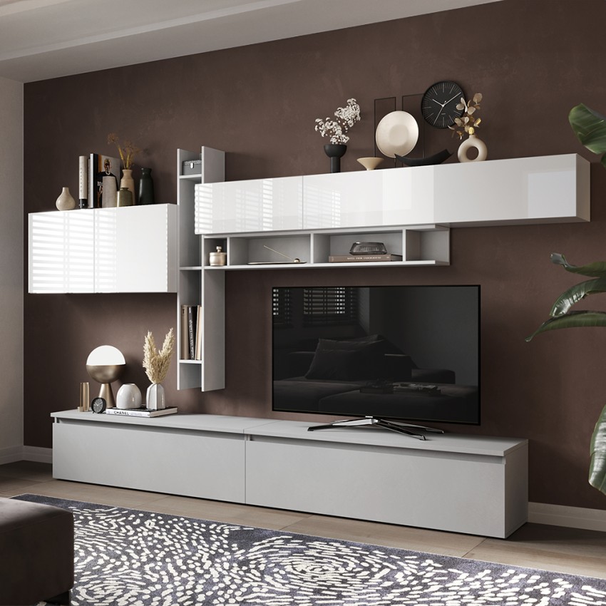 Moderne weiße TV-Wand Infinity 32 mit Regalböden und Bücherregal-Design Aktion Moderne weiße TV-Wand Infinity 32 mit Regalböden und Bücherregal-Design Aktion