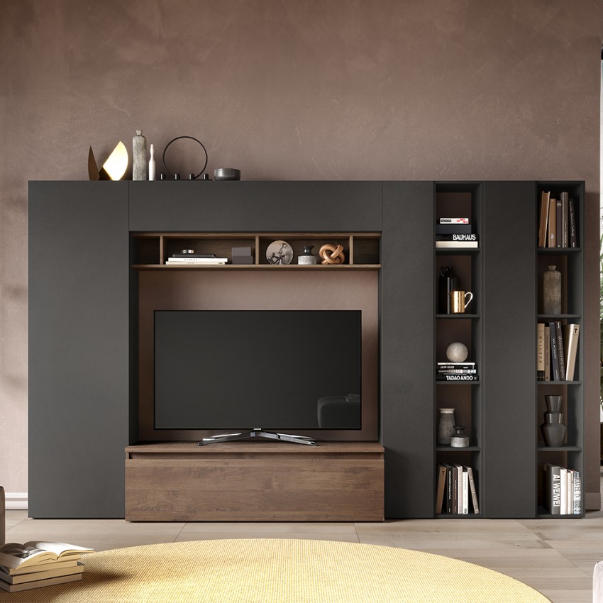 Moderne Wohnwand mit Bücherregal und TV-Möbel aus Holz Infinity 36 Aktion Moderne Wohnwand mit Bücherregal und TV-Möbel aus Holz Infinity 36 Aktion