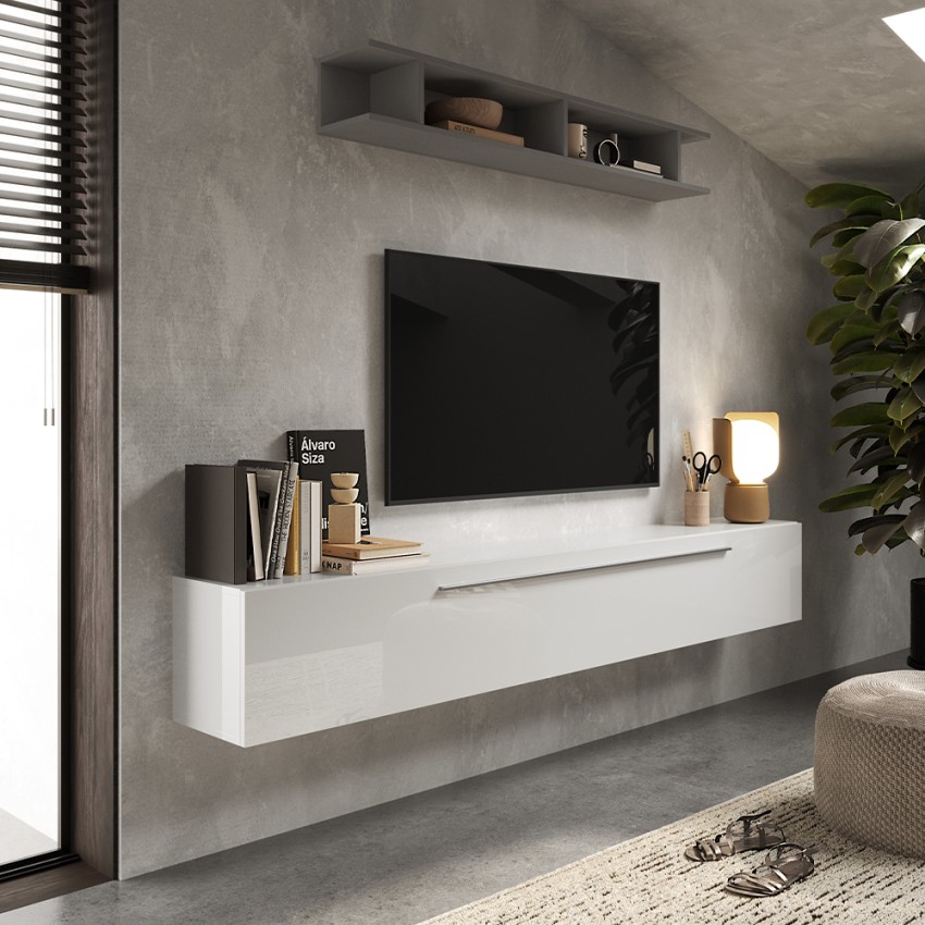 Moderne weiße Hänge-Wohnwand mit TV-Möbel und Regal Infinity 48 Aktion Moderne weiße Hänge-Wohnwand mit TV-Möbel und Regal Infinity 48 Aktion