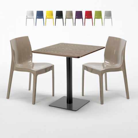 Quadratisch Tisch Holzeffekt 70x70 cm mit Bunten Stühlen Ice Melon Aktion