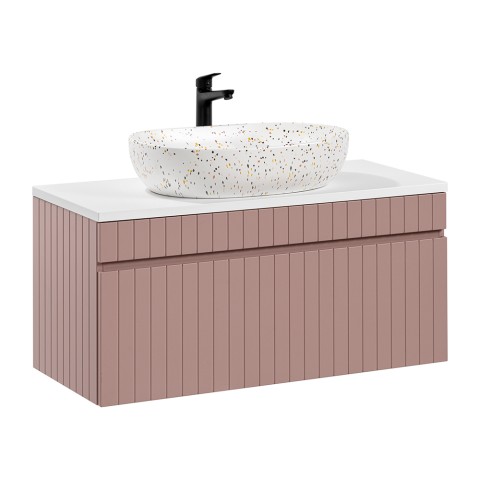 Wandbadezimmerschrank mit Aufsatzwaschbecken rosa und weiß Lili 100 Aktion
