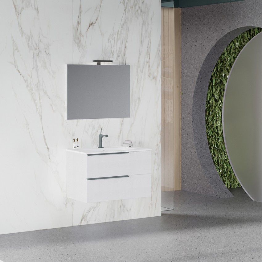 Weißer 80 cm langer wandmontierter Badezimmerschrank mit Waschbecken und LED-Spiegel Oikos 80 Aktion Weißer 80 cm langer wandmontierter Badezimmerschrank mit Waschbecken und LED-Spiegel Oikos 80 Aktion