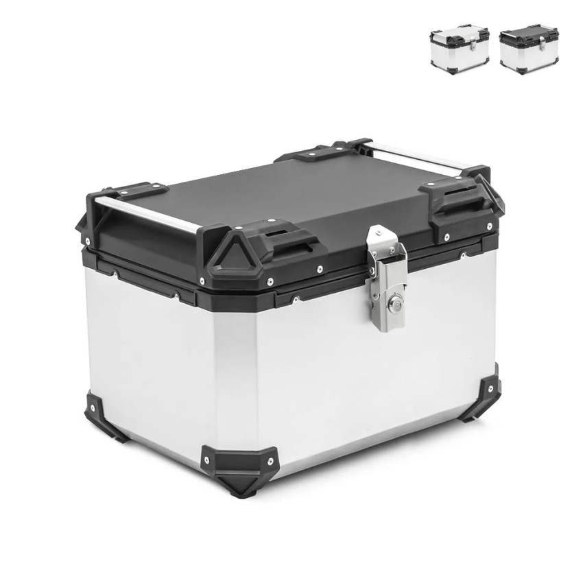 Universaler 46-Liter-Aluminiummotorradkoffer mit Voyager-Platte Aktion Universaler 46-Liter-Aluminiummotorradkoffer mit Voyager-Platte Aktion