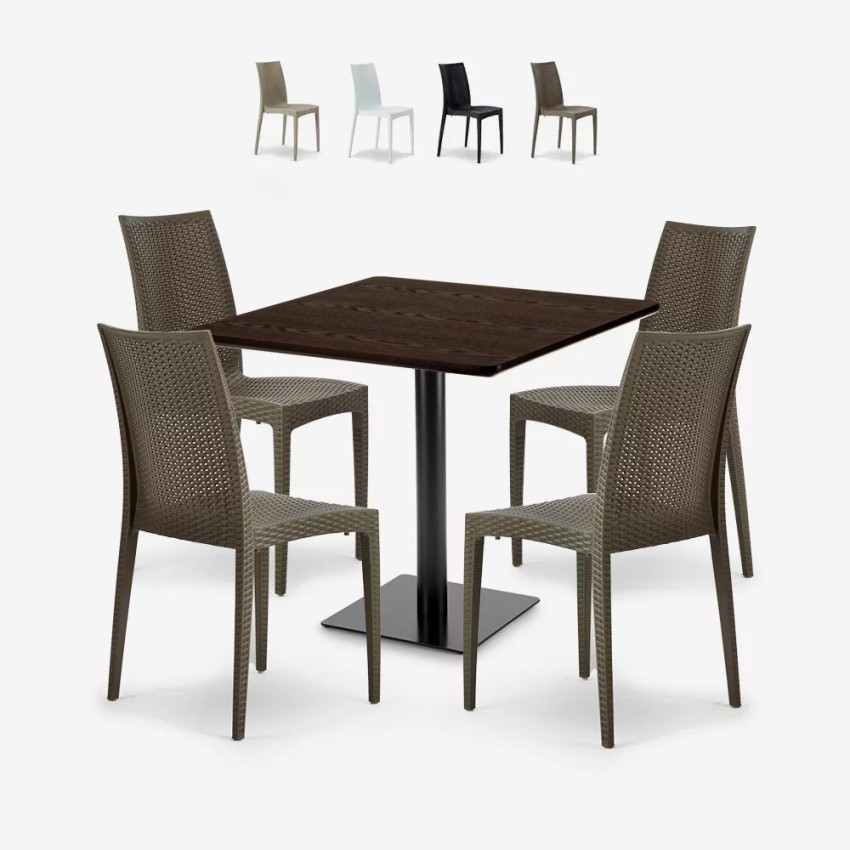 Holz-Couchtisch-Set 90x90cm Horeca 4 stapelbare Poly-Rattan-Stühle Barrett Aktion