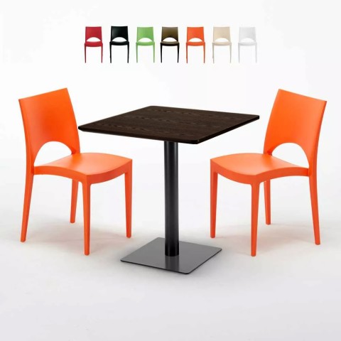 Quadratisch Tisch Holzeffekt 70x70 cm mit 2 Bunten Stühlen Paris Melon Aktion