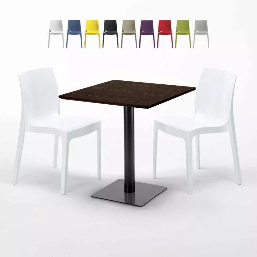Quadratisch Tisch Holzeffekt und Schwarz Stahlfuß 60x60 cm mit 2 Bunten Stühlen Ice Kiss Lagerbestand Quadratisch Tisch Holzeffekt und Schwarz Stahlfuß 60x60 cm mit 2 Bunten Stühlen Ice Kiss Lagerbestand