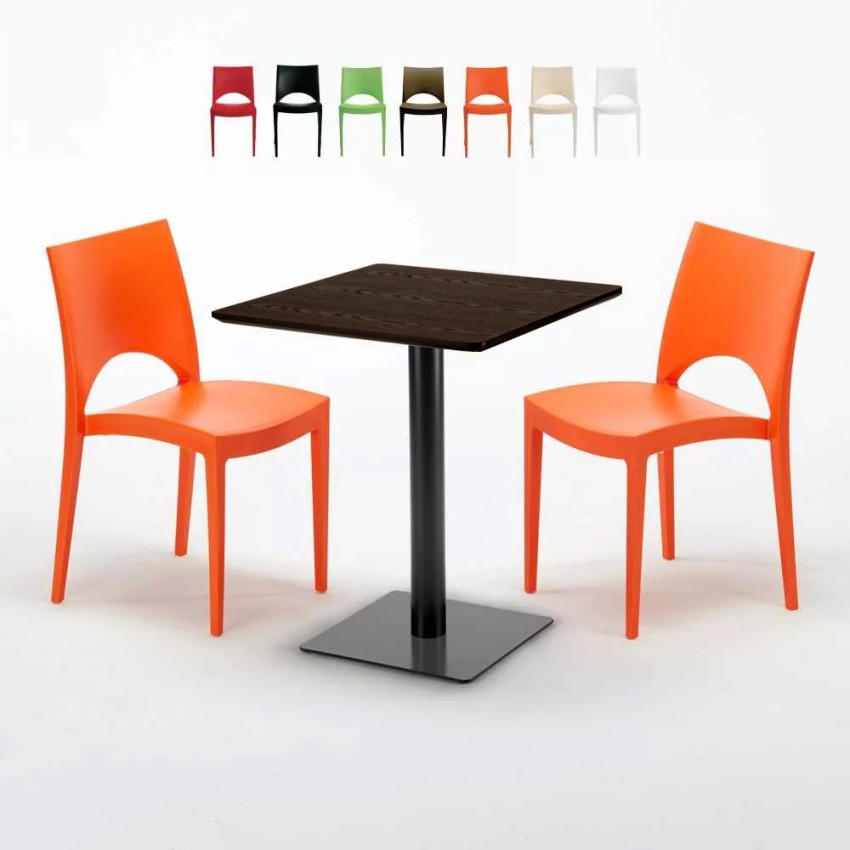Quadratisch Tisch Holzeffekt und Schwarz Stahlfuß 60x60 cm mit 2 Bunten Stühlen Paris Kiss Aktion Quadratisch Tisch Holzeffekt und Schwarz Stahlfuß 60x60 cm mit 2 Bunten Stühlen Paris Kiss Aktion