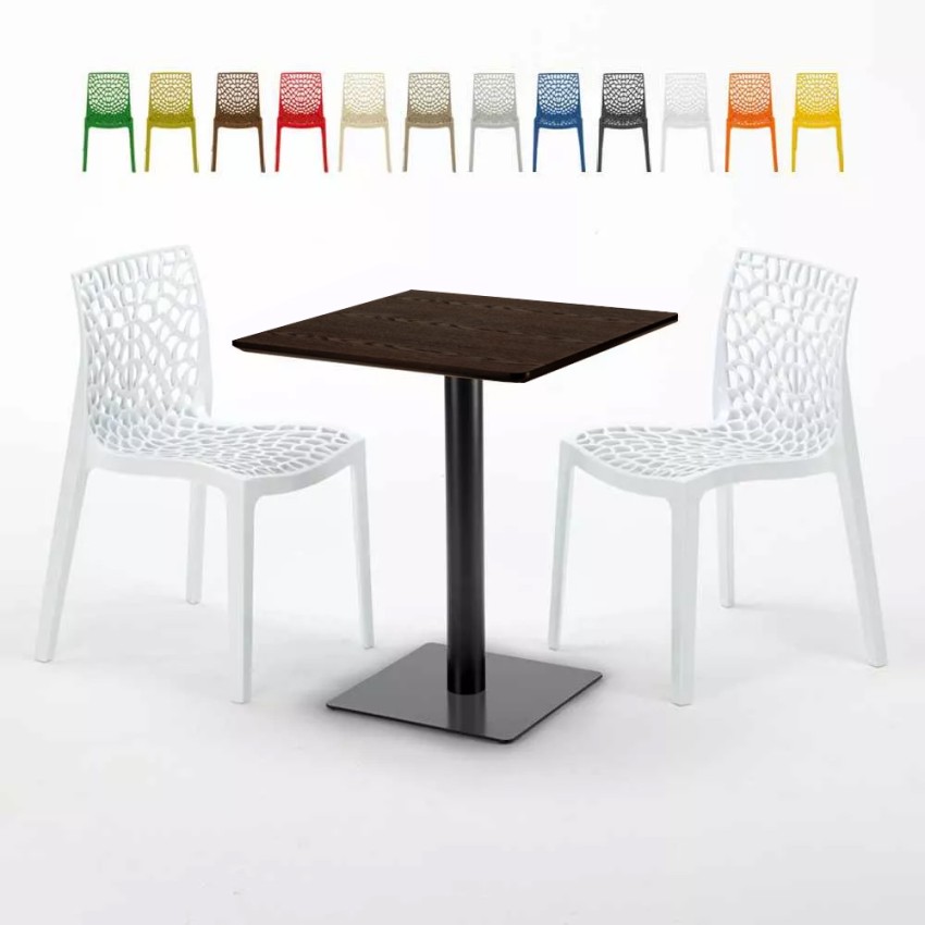Quadratisch Tisch Holzeffekt und Schwarz Stahlfuß 60x60 cm mit 2 Bunten Stühlen Gruvyer Kiss Lagerbestand