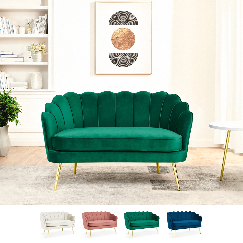 Schalensofa 2-Sitzer aus Samt im Vintage-Stil mit goldfarbenen Beinen Balos Schalensofa 2-Sitzer aus Samt im Vintage-Stil mit goldfarbenen Beinen Balos