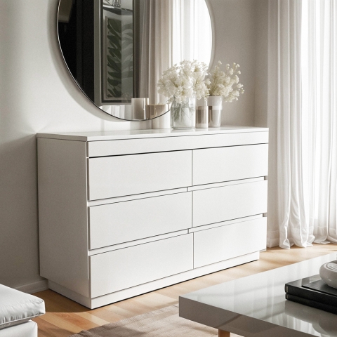 Kommode fürs Schlafzimmer mit 6 Schubladen weiß und Holz Dainis Aktion