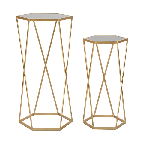2er-Set hexagonale Couchtische aus goldenem Metall und Spiegel Esagonal Aktion