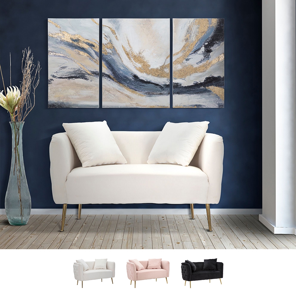 Glam 2-Sitzer Sofa aus Samt mit goldenen Füßen und zwei Kissen Bucarest-D Maße Glam 2-Sitzer Sofa aus Samt mit goldenen Füßen und zwei Kissen Bucarest-D Maße