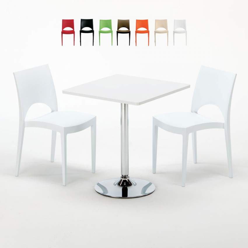Weiß Quadratisch Tisch und 2 Stühle Farbiges Polypropylen-Innenmastenset Grand Soleil Paris Cocktail Sales