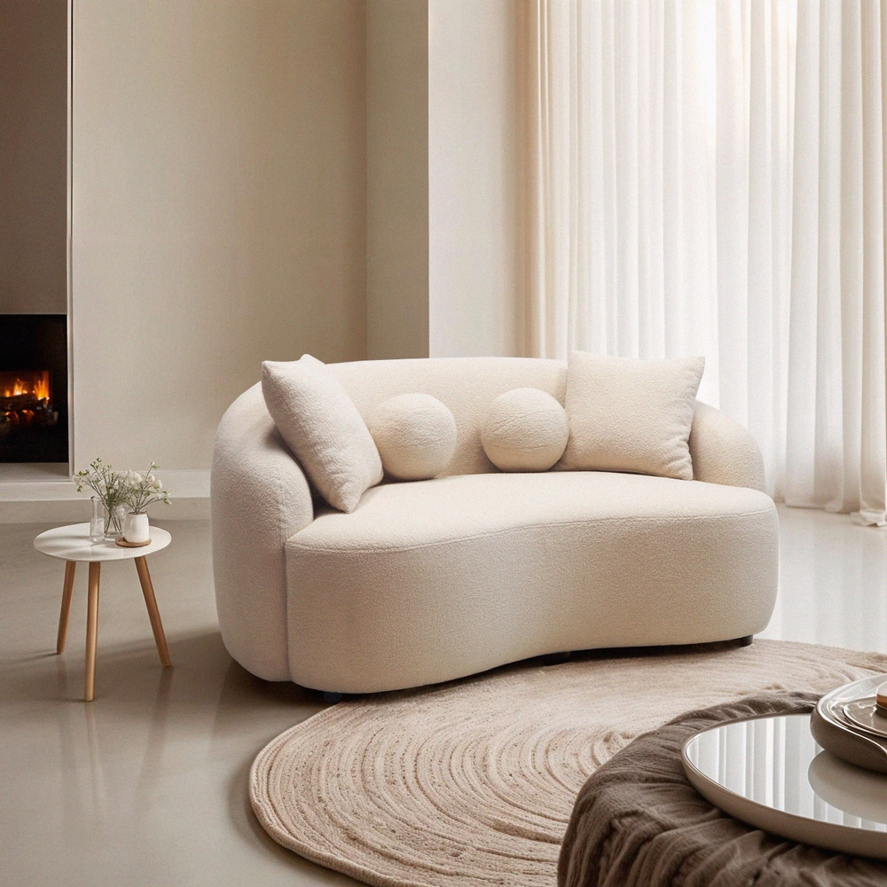 Sofa Design 2-Sitzer geschwungen beige Teddybouclé-Stoff Lazy Aktion