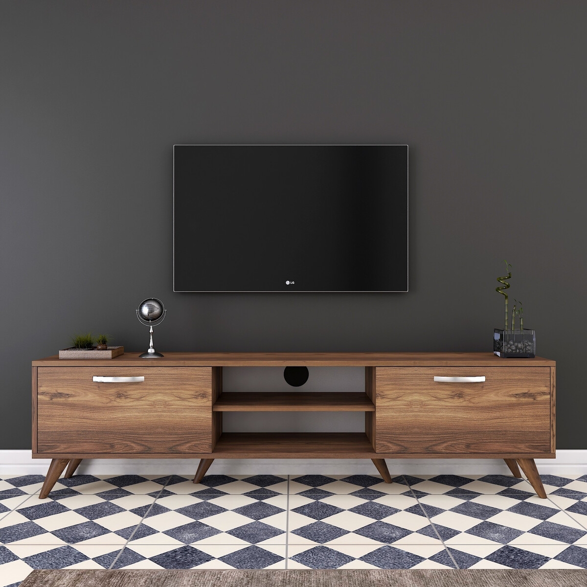 TV-Wagen mit 2 Klapptüren und 2 Holzregalen in Nussbaumfarbe Walnut Aktion TV-Wagen mit 2 Klapptüren und 2 Holzregalen in Nussbaumfarbe Walnut Aktion