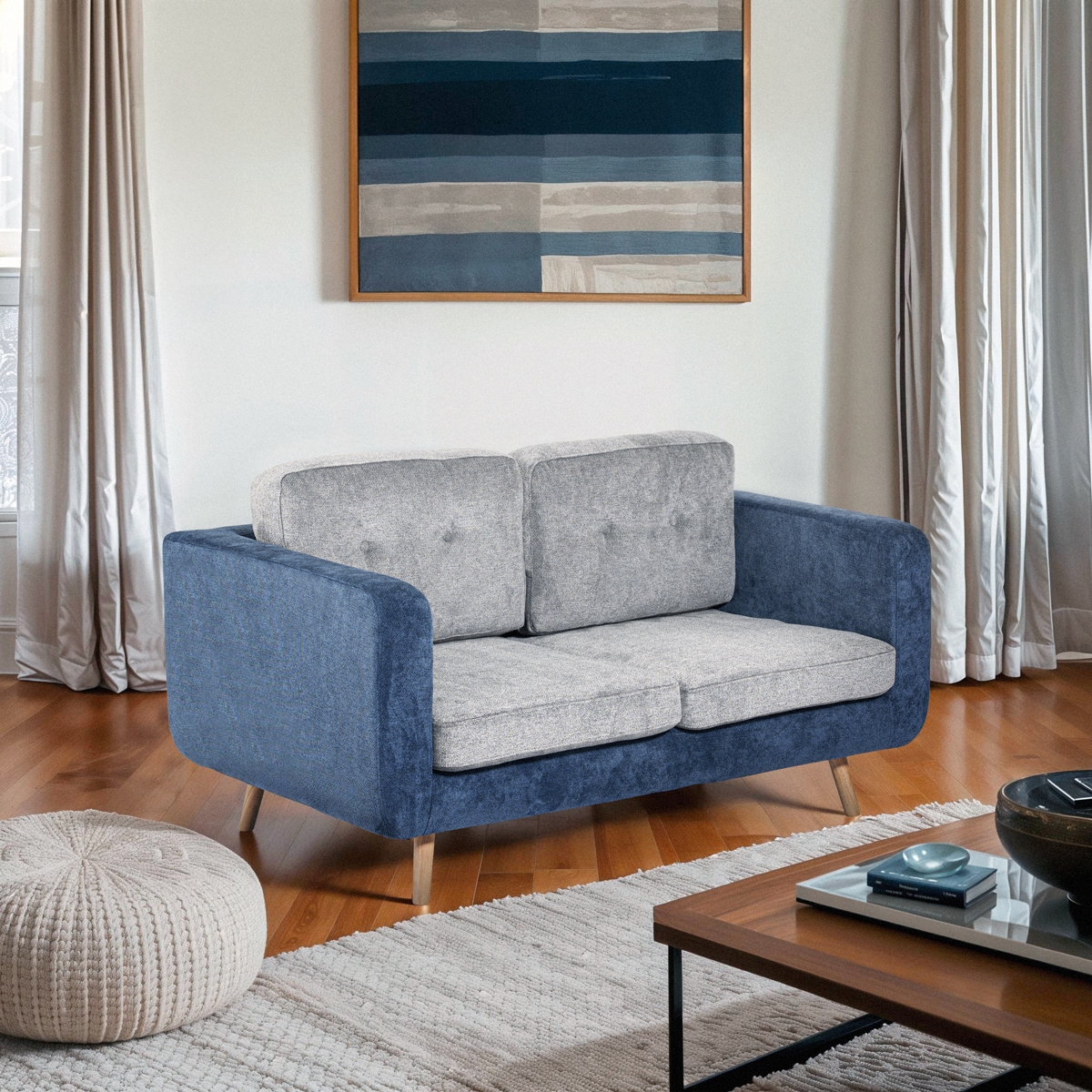Sofa 2-Sitzer aus zweifarbigem grauem und blauem Stoff mit Wechselkissen Biko Aktion Sofa 2-Sitzer aus zweifarbigem grauem und blauem Stoff mit Wechselkissen Biko Aktion