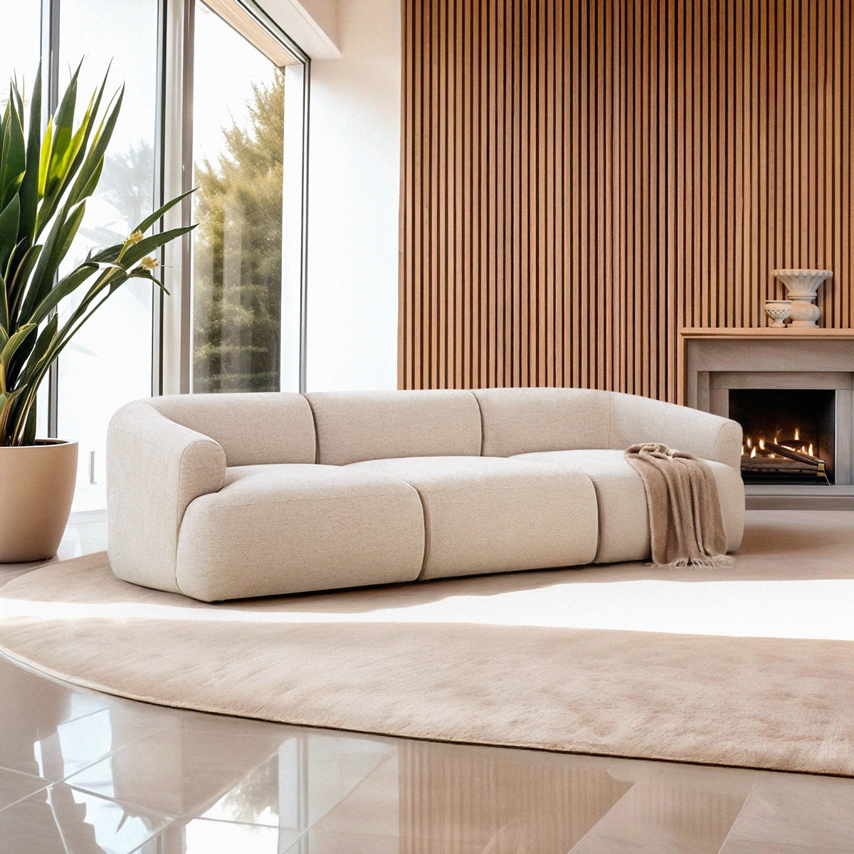 Sofa modular gebogenförmig 3-Sitzer aus beigem Stoff Yuna-3 Aktion Sofa modular gebogenförmig 3-Sitzer aus beigem Stoff Yuna-3 Aktion