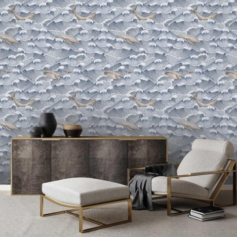 Tapete Design Meer für Wohnzimmer Schlafzimmer Wellen und Balene Aktion