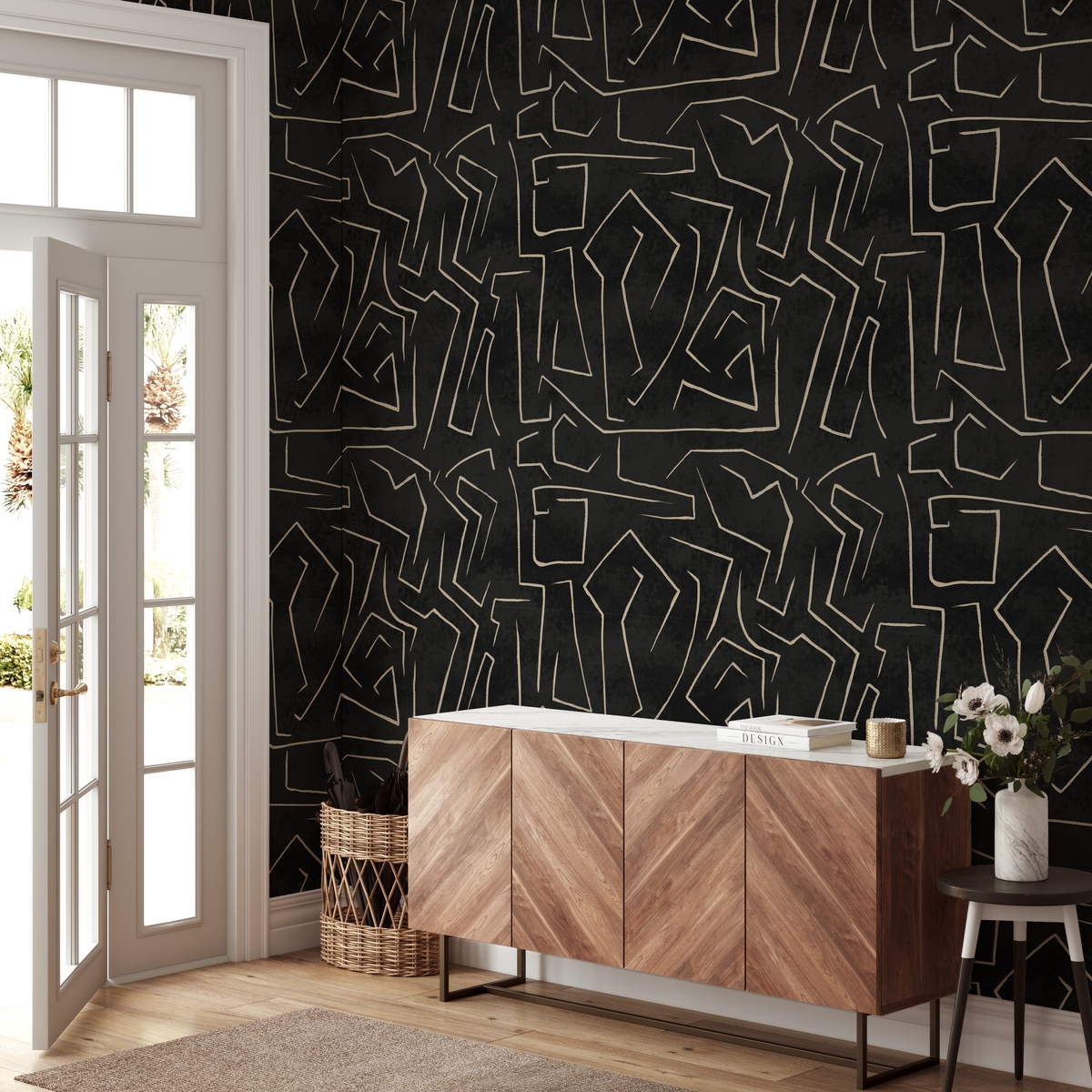 Moderne Künstlerische Tapete mit geometrischem Design in Schwarz-Gold Graffiti Aktion Moderne Künstlerische Tapete mit geometrischem Design in Schwarz-Gold Graffiti Aktion