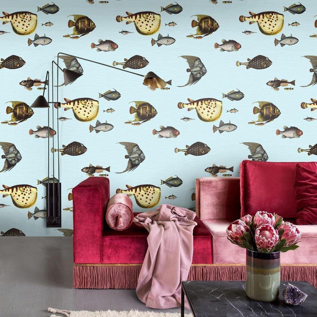 Blaue Meeres-Tapete für Wohnzimmer und Flur mit Tropischen Fischen Aktion Blaue Meeres-Tapete für Wohnzimmer und Flur mit Tropischen Fischen Aktion