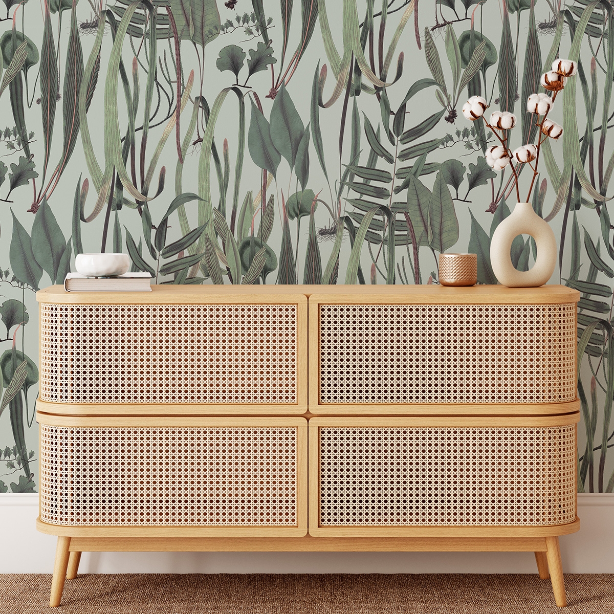Tapete für Wohnzimmer mit Pflanzen und Blättern, botanischer Dschungel in Grün Aktion Tapete für Wohnzimmer mit Pflanzen und Blättern, botanischer Dschungel in Grün Aktion