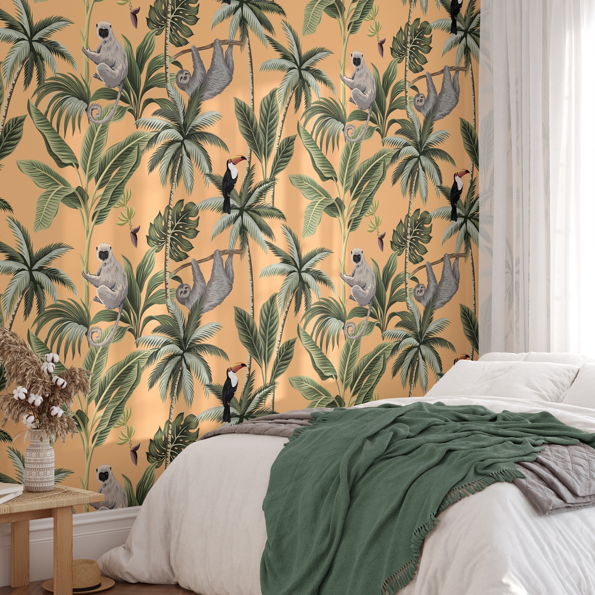 Jungle Tapete Orange mit Blättern und Tieren Jungla Tropicale Aktion