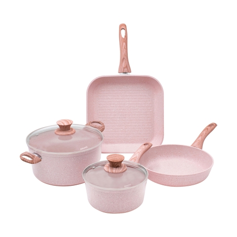 6-teilige Topf-Set mit Bratpfanne und Grillpfanne, rosa Granit, Stonerose Aktion