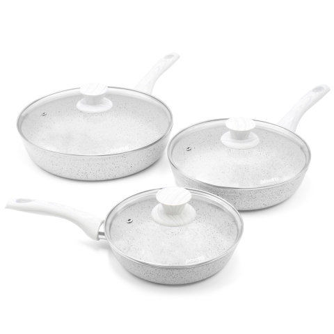 Set 3 Pfannen aus antihaftbeschichtetem Aluminium mit Deckeln Bisetti Stonewhite Aktion