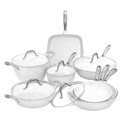Batterieset 13-teilig Pfannen Kochtopf Bratpfanne antihaftbeschichtet Stonewhite Aktion