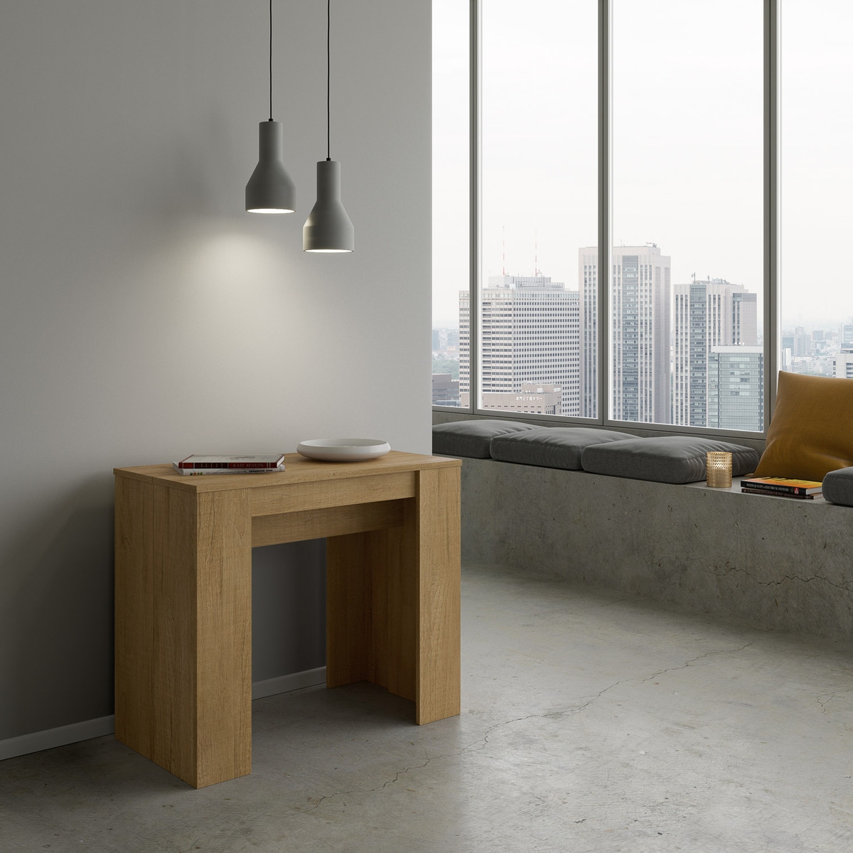 Verlängerbare Konsolentisch aus Naturholz, platzsparend 90x48-204 Basic Small Aktion