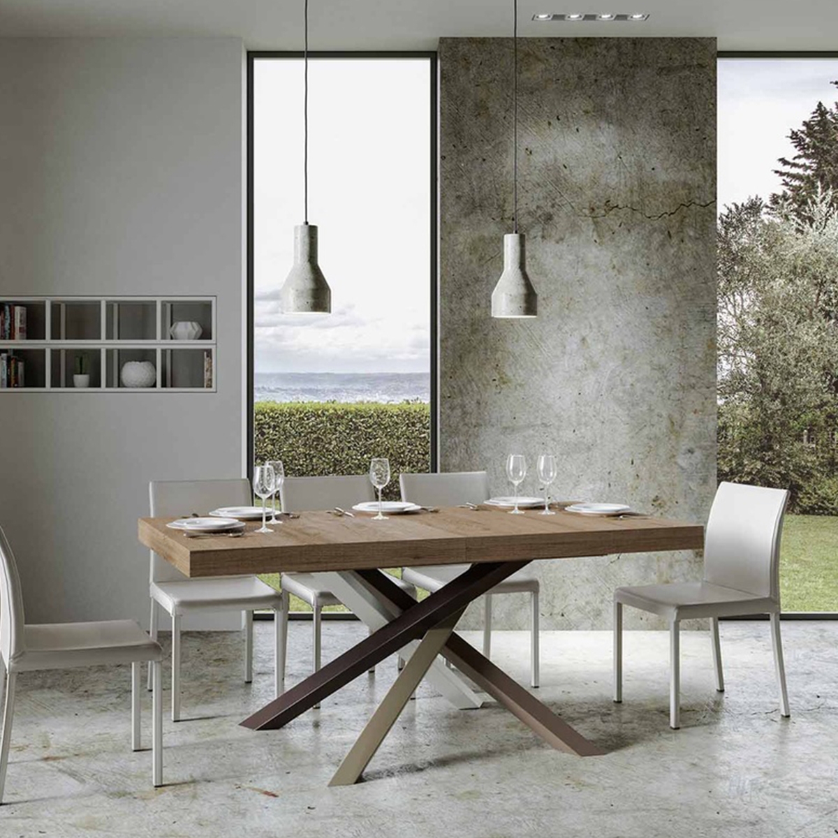 Moderner ausziehbarer Tisch mit überkreuzten Holzbeinen 90x180-440 Volantis Aktion Moderner ausziehbarer Tisch mit überkreuzten Holzbeinen 90x180-440 Volantis Aktion