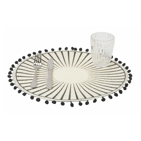 Set aus 6 runden Tischsets mit geometrischem Design und Pompons, 38 cm, Schwarz Aktion