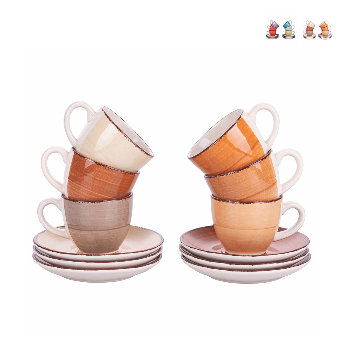 Set aus 6 Kaffeetassen mit Untertassen, buntes Design Baita Aktion Set aus 6 Kaffeetassen mit Untertassen, buntes Design Baita Aktion
