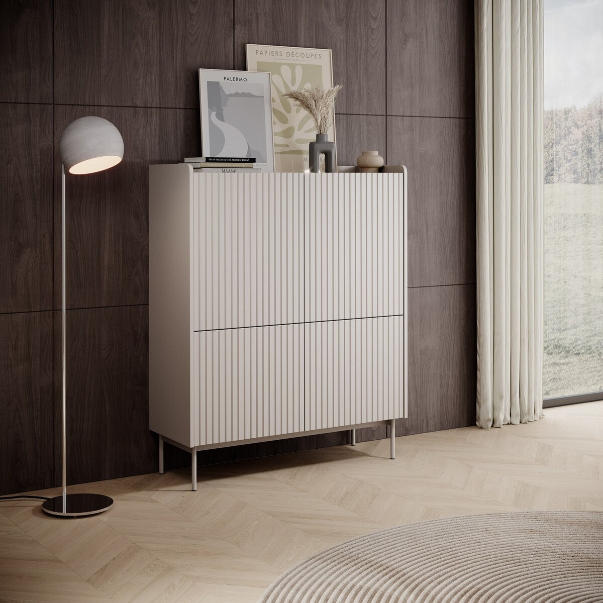 Hoher Schrank mit 4 gerillten Türen, Anrichte, Sideboard für Wohnzimmer, beige Bitter Aktion Hoher Schrank mit 4 gerillten Türen, Anrichte, Sideboard für Wohnzimmer, beige Bitter Aktion